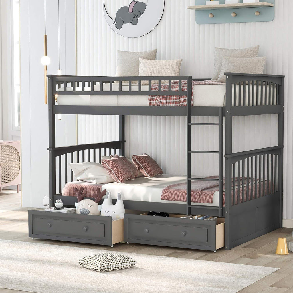 Gray Full Over Full Bunk Bed with Drawers Wood Bedframe O322