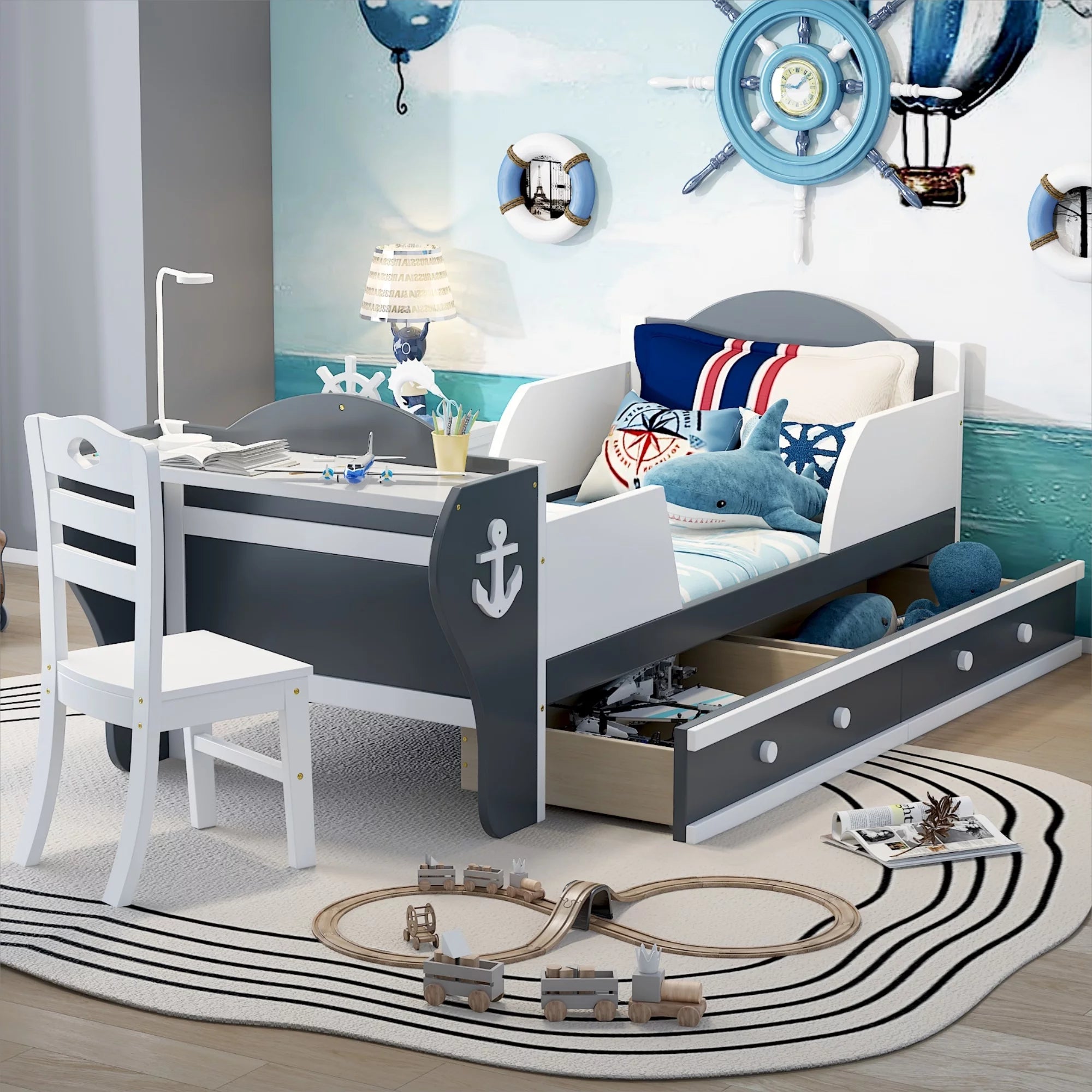 White Gray Twin Size Platform Bed with Two Drawers H973536