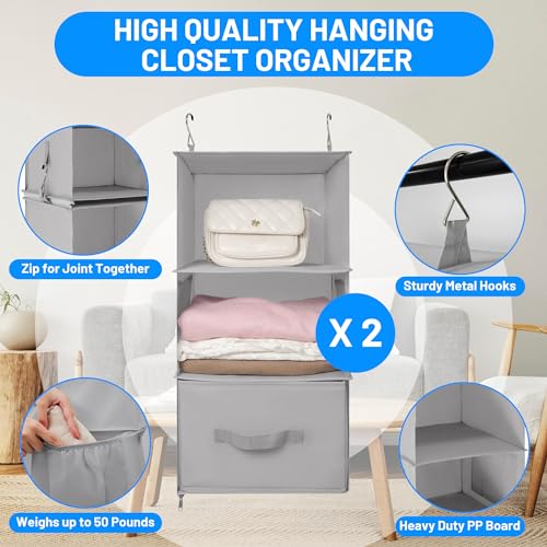 6-Shelf Hanging Closet Organizer with 3 Removable Drawers and 4 Side Pockets, Light Gray D7693