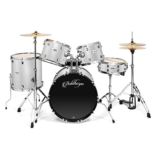 5-Piece Full Size Adult Drum Set with Remo Heads & Premium Brass Cymbals - Silver L425
