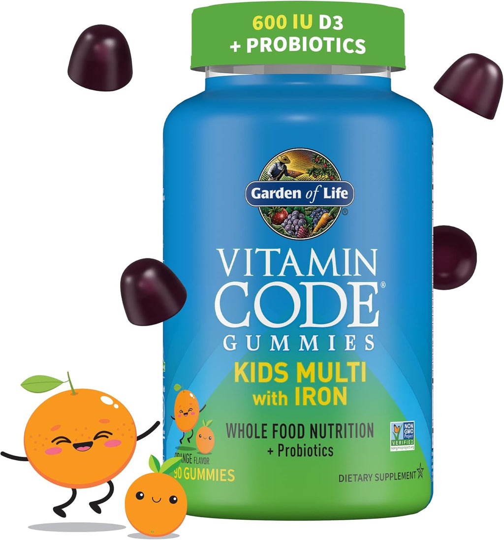 Kids Multivitamin Gummy with Iron, Probiotics, Vitamins D, C, E, B, Zinc, Non-GMO, Gluten-Free, Orange, 30 Day Supply M4542