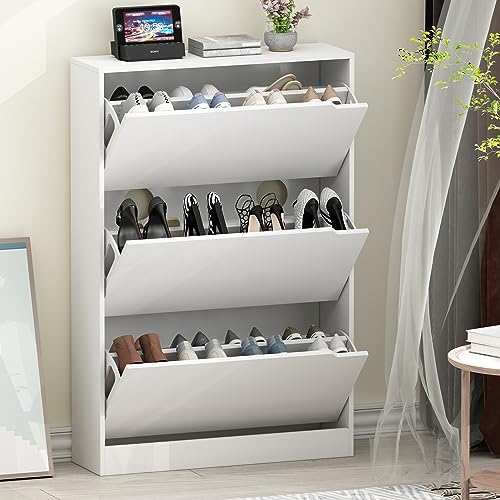 White 3 Flip Drawers Freestanding Shoe Storage Cabinet Z929474