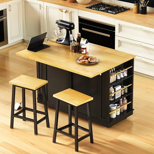Black 48-inch Rolling Kitchen Island with Drop Leaf & Power Outlet K1369