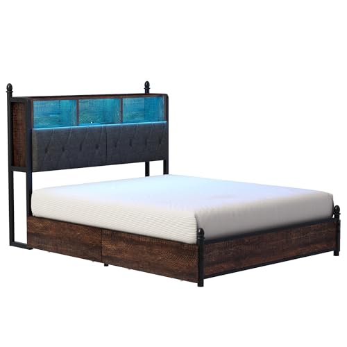 Full Size Bed Frame with Bookcase Headboard, 4 Storage Drawers, Wooden Platform Bed with Charging Station & LED Light, Rustic Brown W842