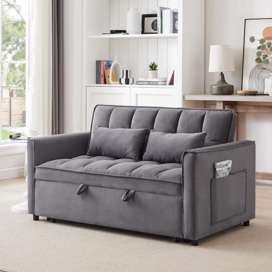 55.1" Blue Velvet Convertible Double Sleeper Sofa Bed M659733
