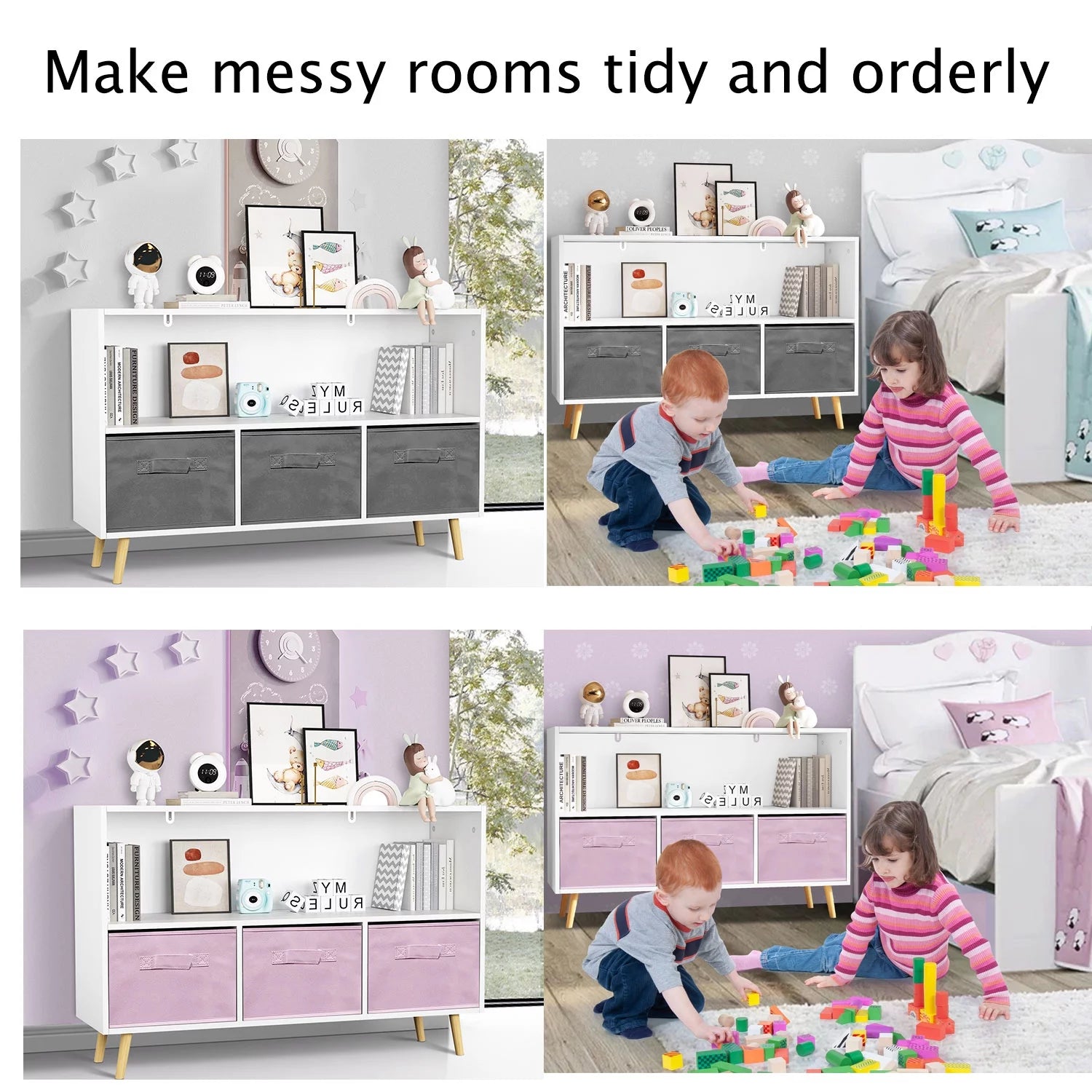 White Kid's Toy Storage Cabinet with Collapsible Fabric Drawers E48337