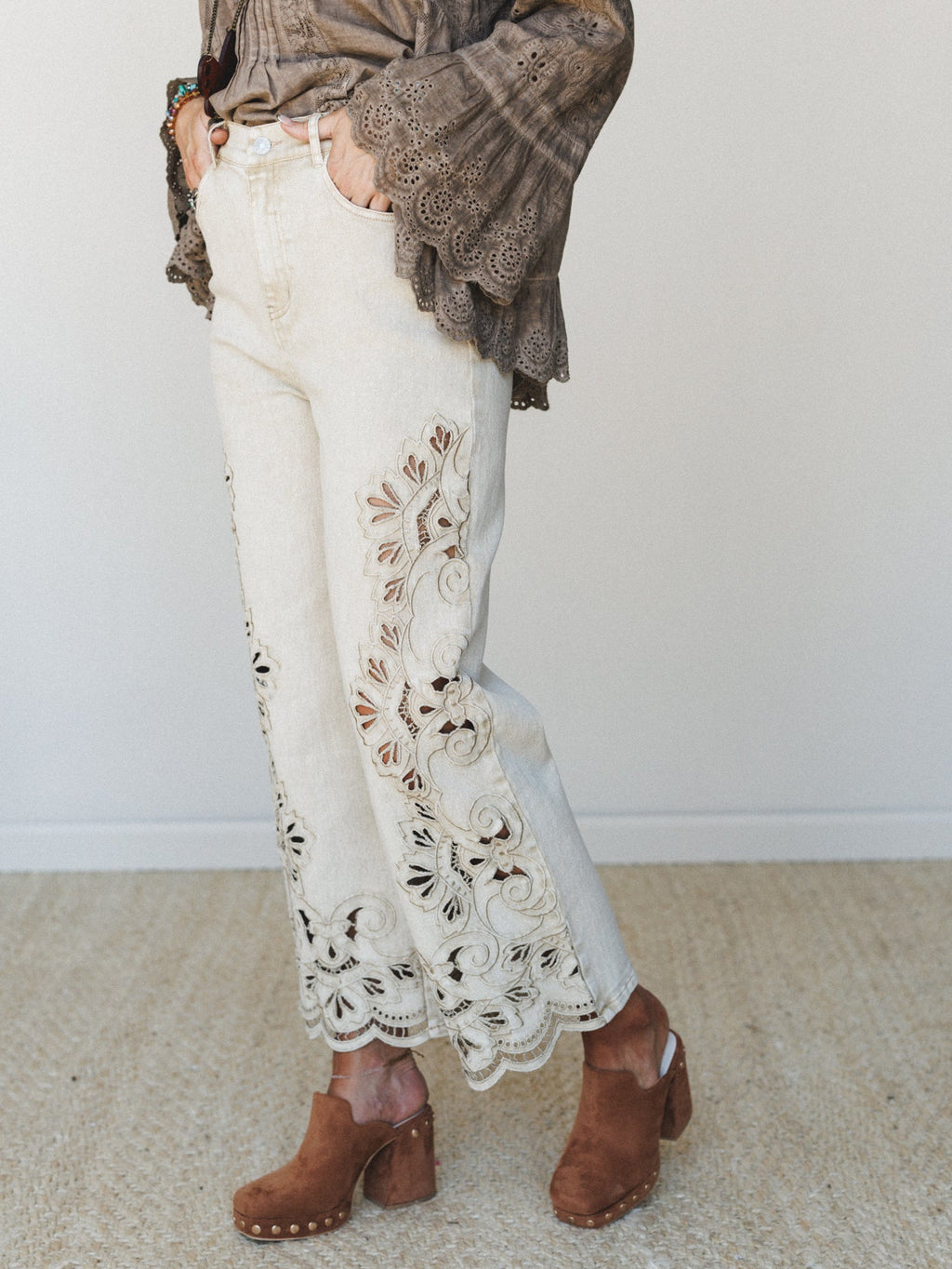 Dreamy Escape Eyelet Jeans  - Sand
