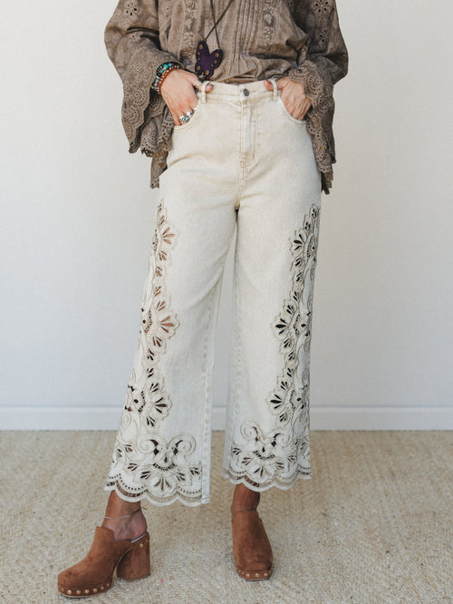 Dreamy Escape Eyelet Jeans  - Sand