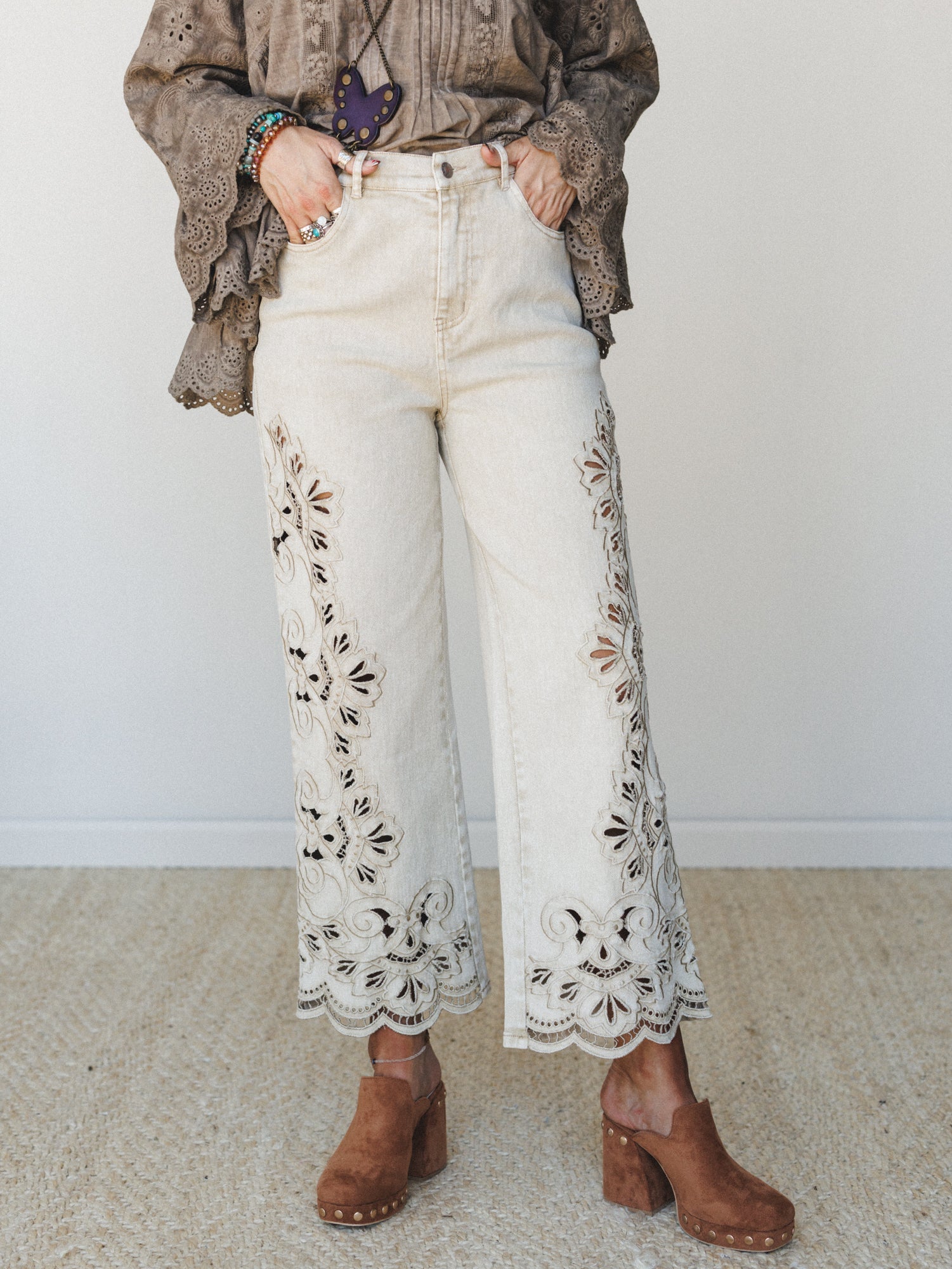 Dreamy Escape Eyelet Jeans  - Sand
