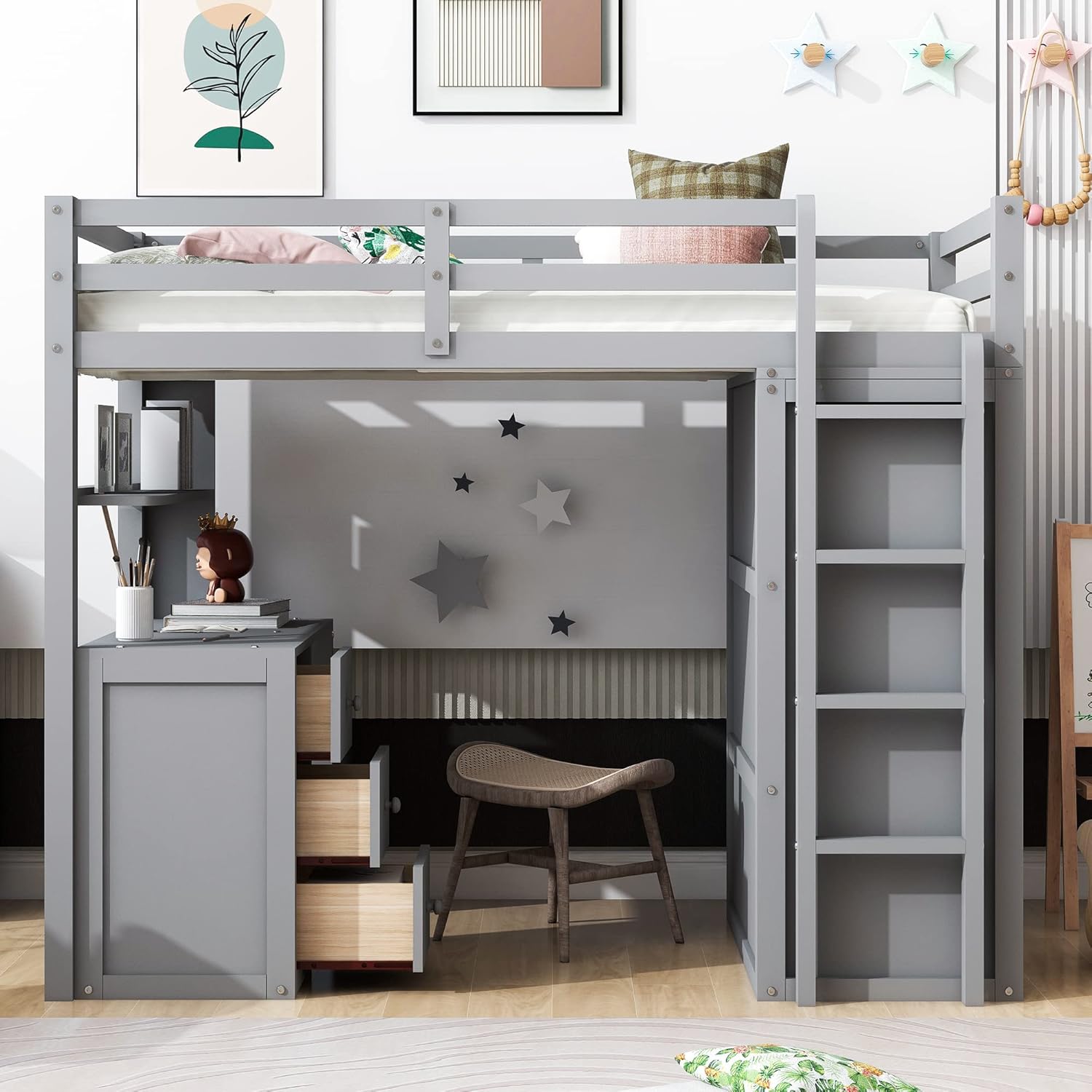 Gray Twin Loft Bed with Desk, 3 Drawers, and Wardrobe I899