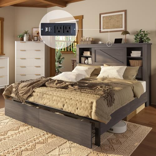 Grey King Bed Frame with Storage Drawers and Bookcase Headboard T8688