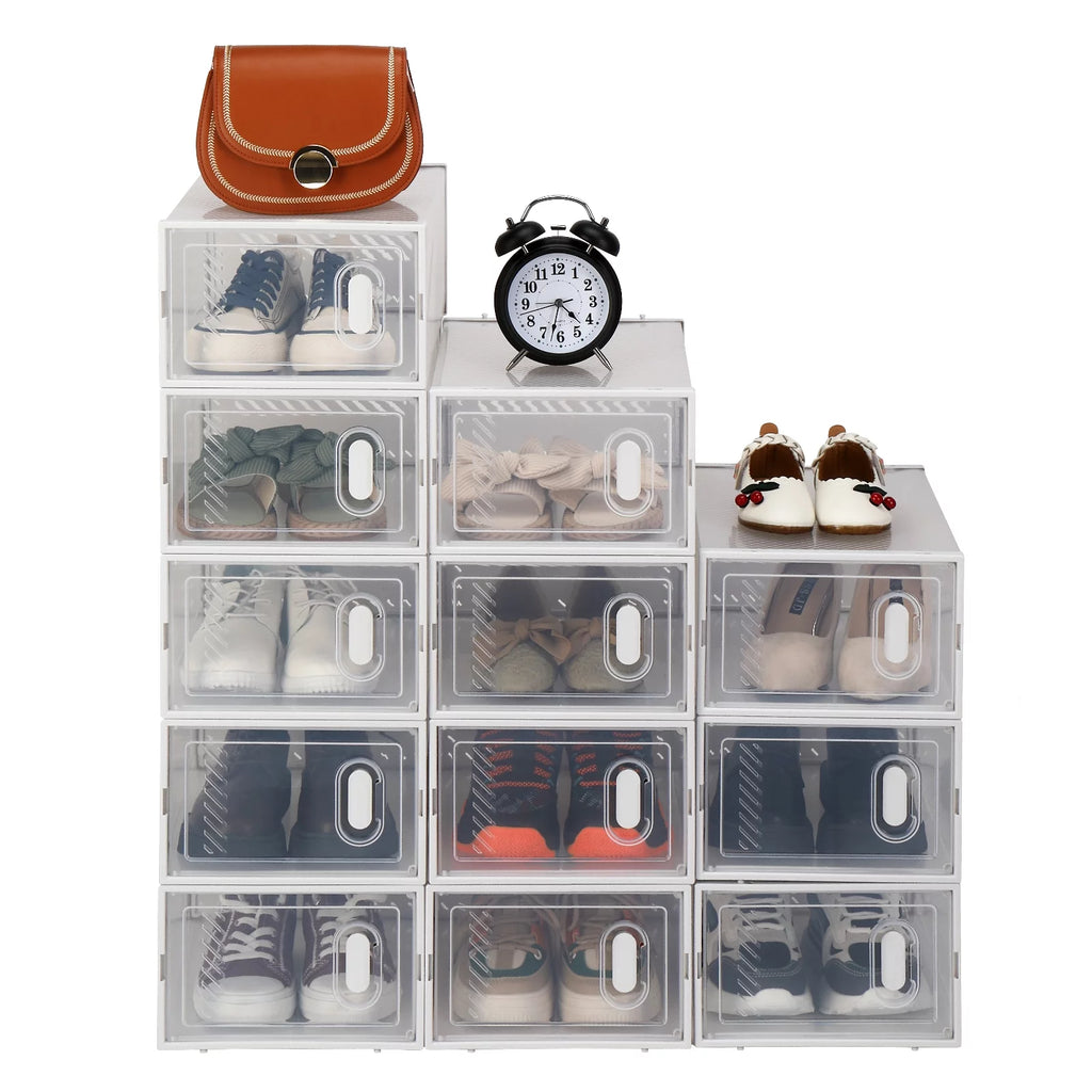 12 Packs White Clear Lid Foldable Stackable Shoe Storage Boxes Z28607
