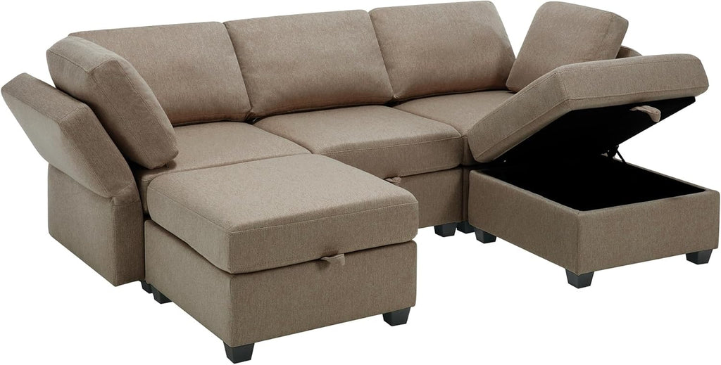 Brown Reversible Modular Sectional Sofa with Chaise and Storage N376