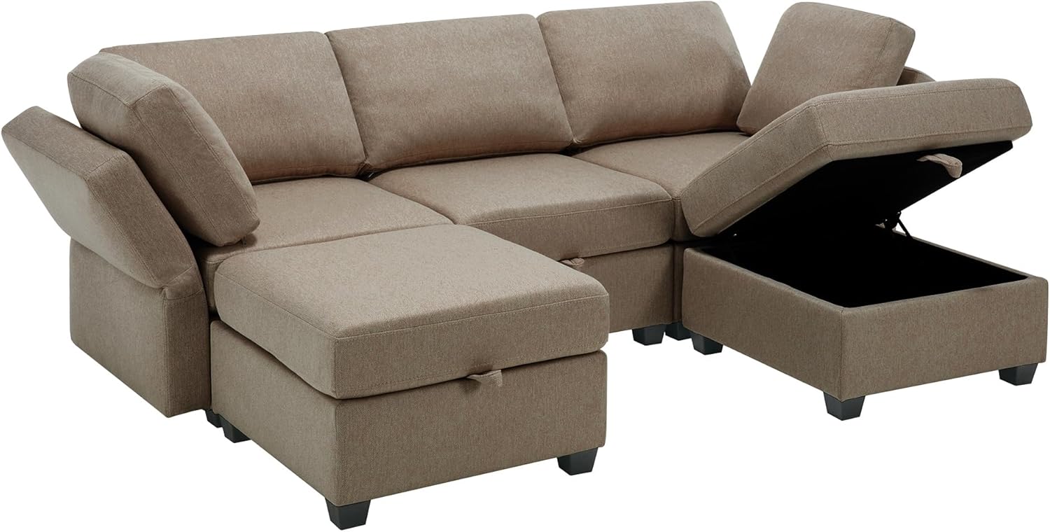Brown Reversible Modular Sectional Sofa with Chaise and Storage N376