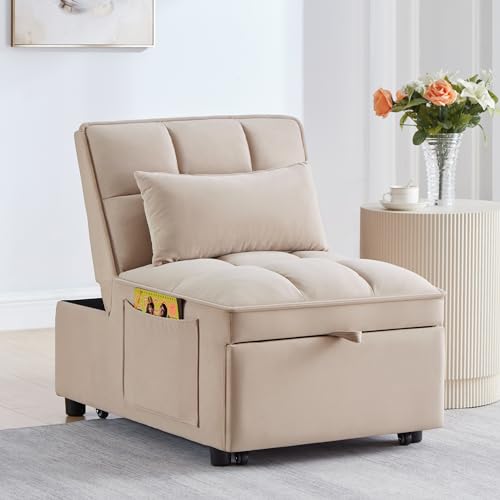 4-in-1 Folding Velvet Sleeper Chair Bed with Storage Pockets R1024