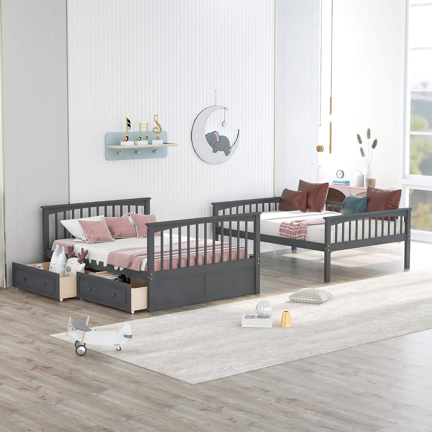 Gray Full Over Full Bunk Bed with Drawers Wood Bedframe O322