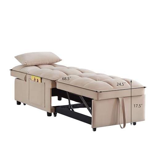4-in-1 Folding Velvet Sleeper Chair Bed with Storage Pockets R1024