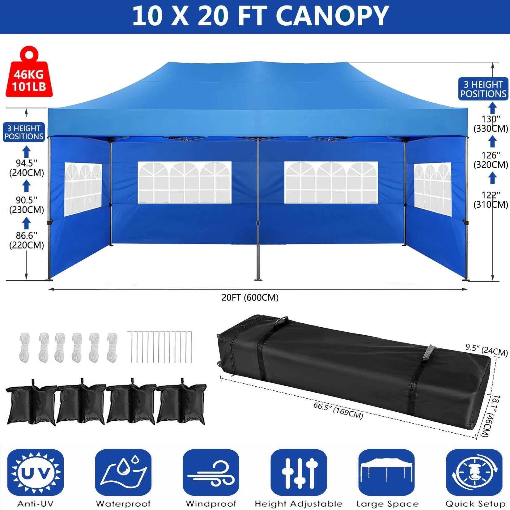 10'x20' Heavy Duty Pop Up Canopy Tent with 6 Removable Sidewalls, Blue U8393