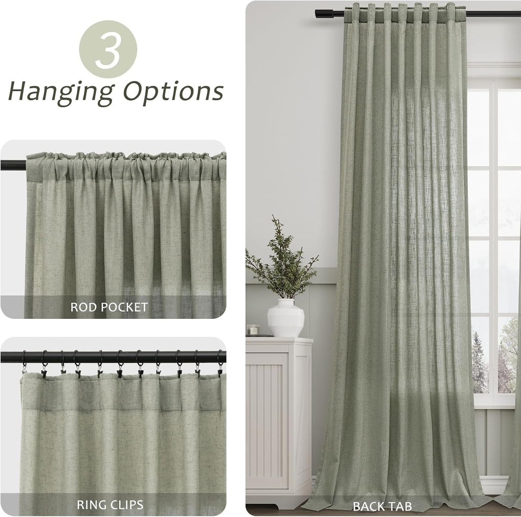 Sage Green Semi Sheer Linen Curtains 84 Inch Length 2 Panels Set Back Pocket 52x84 X56314