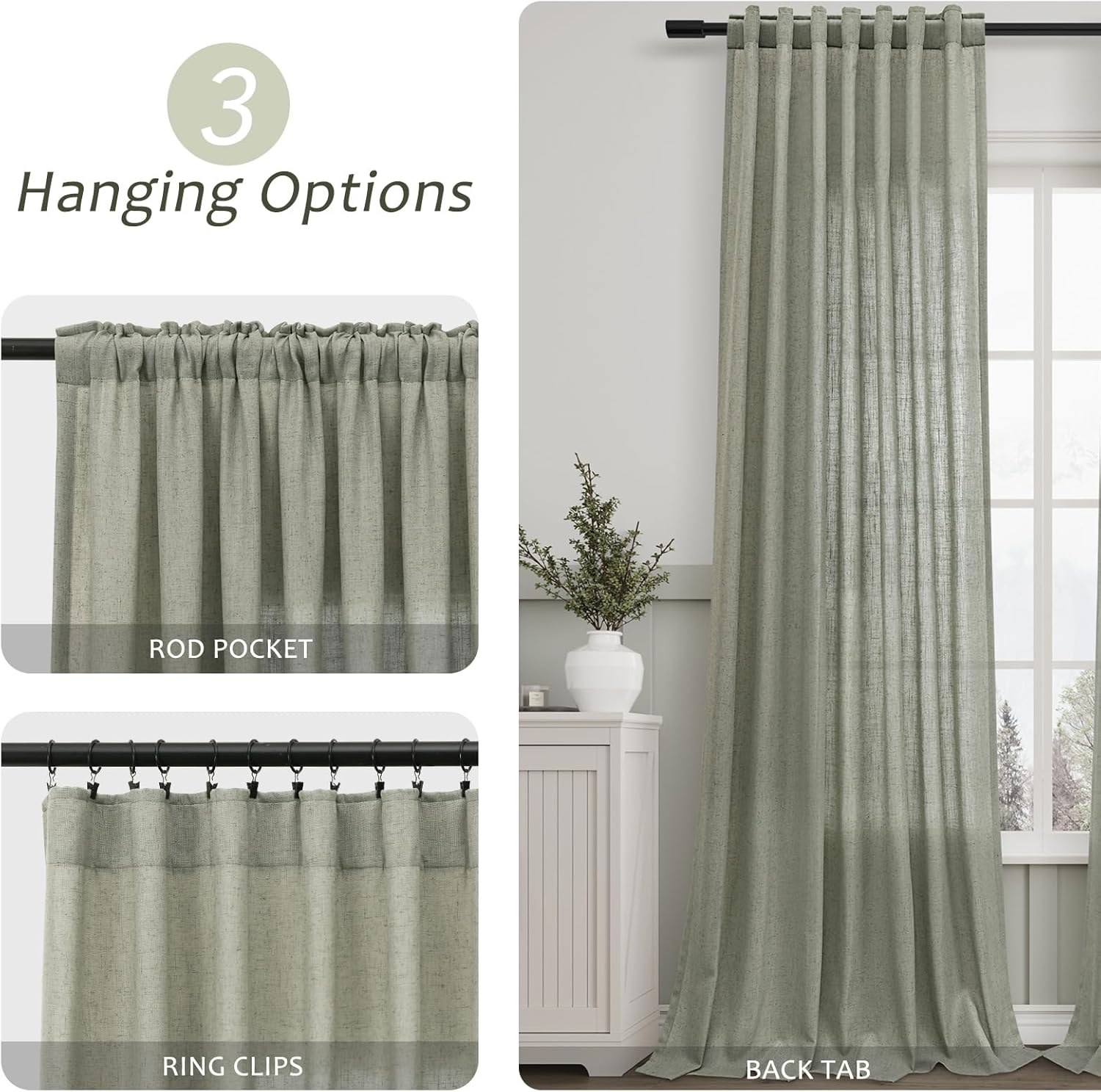 Sage Green Semi Sheer Linen Curtains 84 Inch Length 2 Panels Set Back Pocket 52x84 X56314