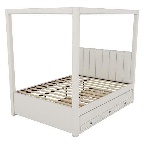 Beige Twin Size 4 Poster Canopy Bed with Upholstery Headboard, Trundle and 3 Drawers I131696