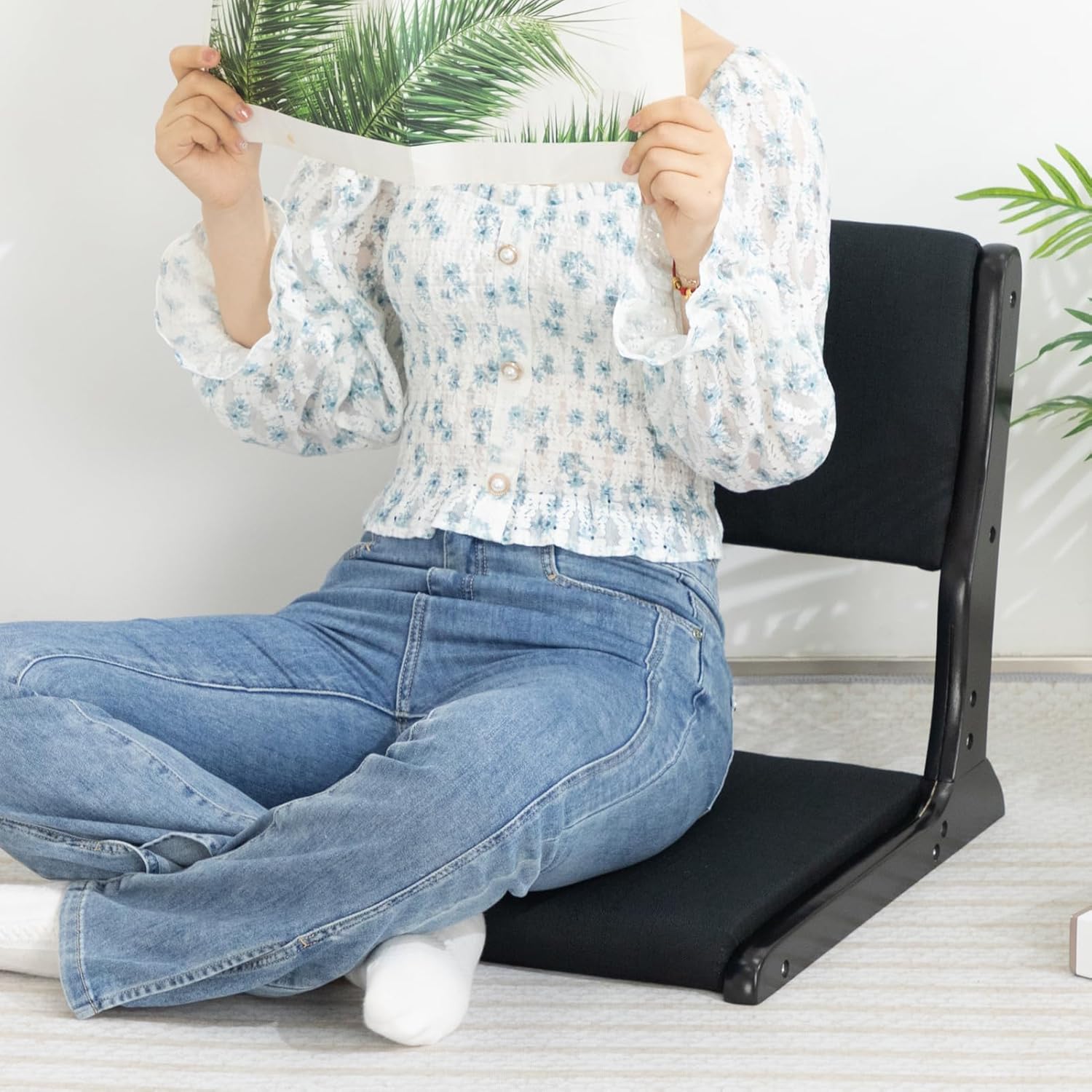 Foldable Tatami Chair with Cushion Linen Black M7403