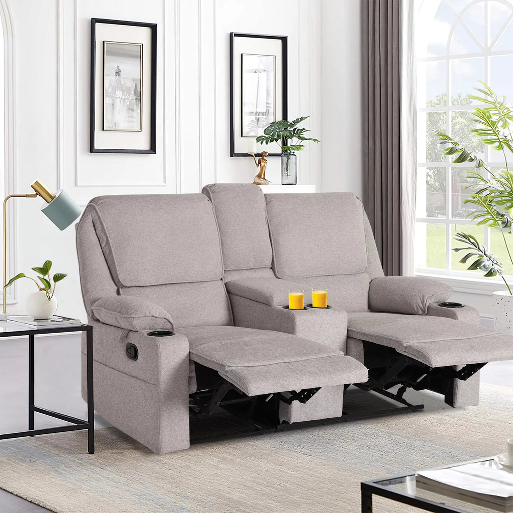 Light Gray 2 Seater Manual Reclining Sofa with Cup Holders T64401