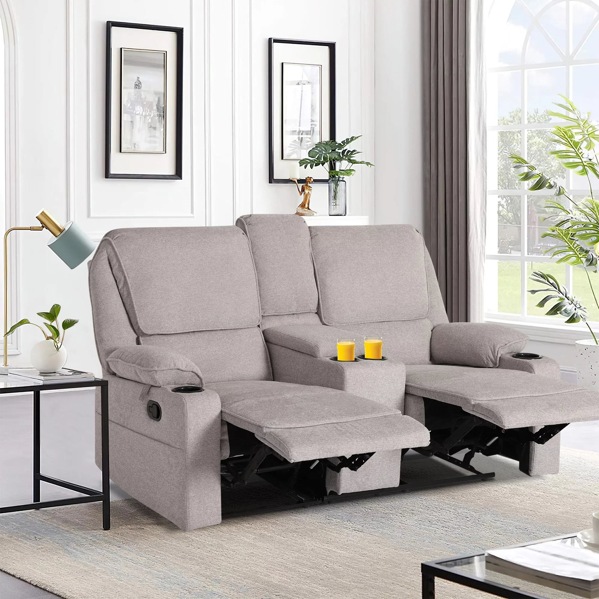 Light Gray 2 Seater Manual Reclining Sofa with Cup Holders T64401