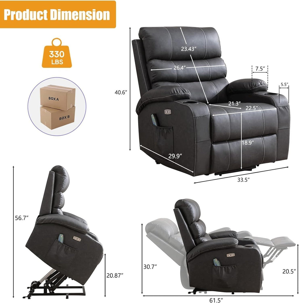 Power Lift Recliner Chair with Heat and Massage, Electric Recliner Chairs with Standing Assistance, 2 Cup Holders, USB Charge Port, Breathable Leather J716