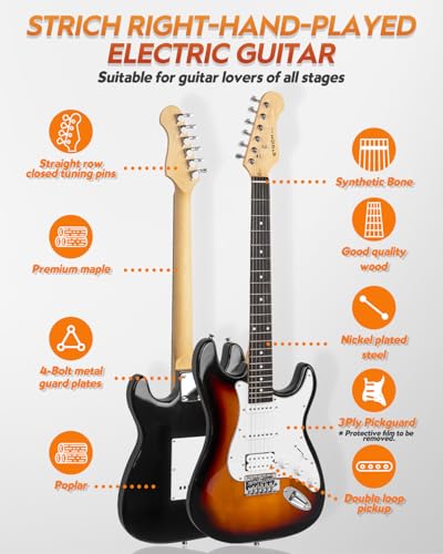 39" Full Size Electric Guitar HSS Pick Up with 10W Amp, Bag, Digital Tuner, Capo, Strap, String, Cable, Picks J817