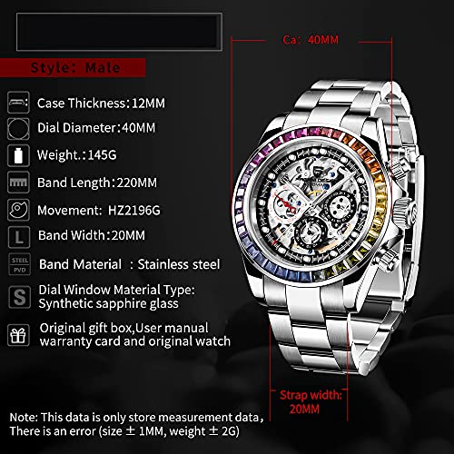 Skeleton Automatic Watch, Diamond Bezel Stainless Steel 100M Waterproof Self Winding Wrist Watch G7528