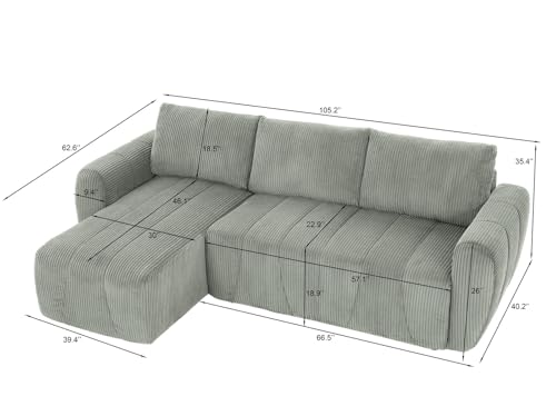 Modular Sectional Sleeper Sofa with Storage, Convertible 3 Seat L Shape Couch with Reversible Chaise, Corduroy Sleeper Couch with Pullout Bed (Light Grey) P44013