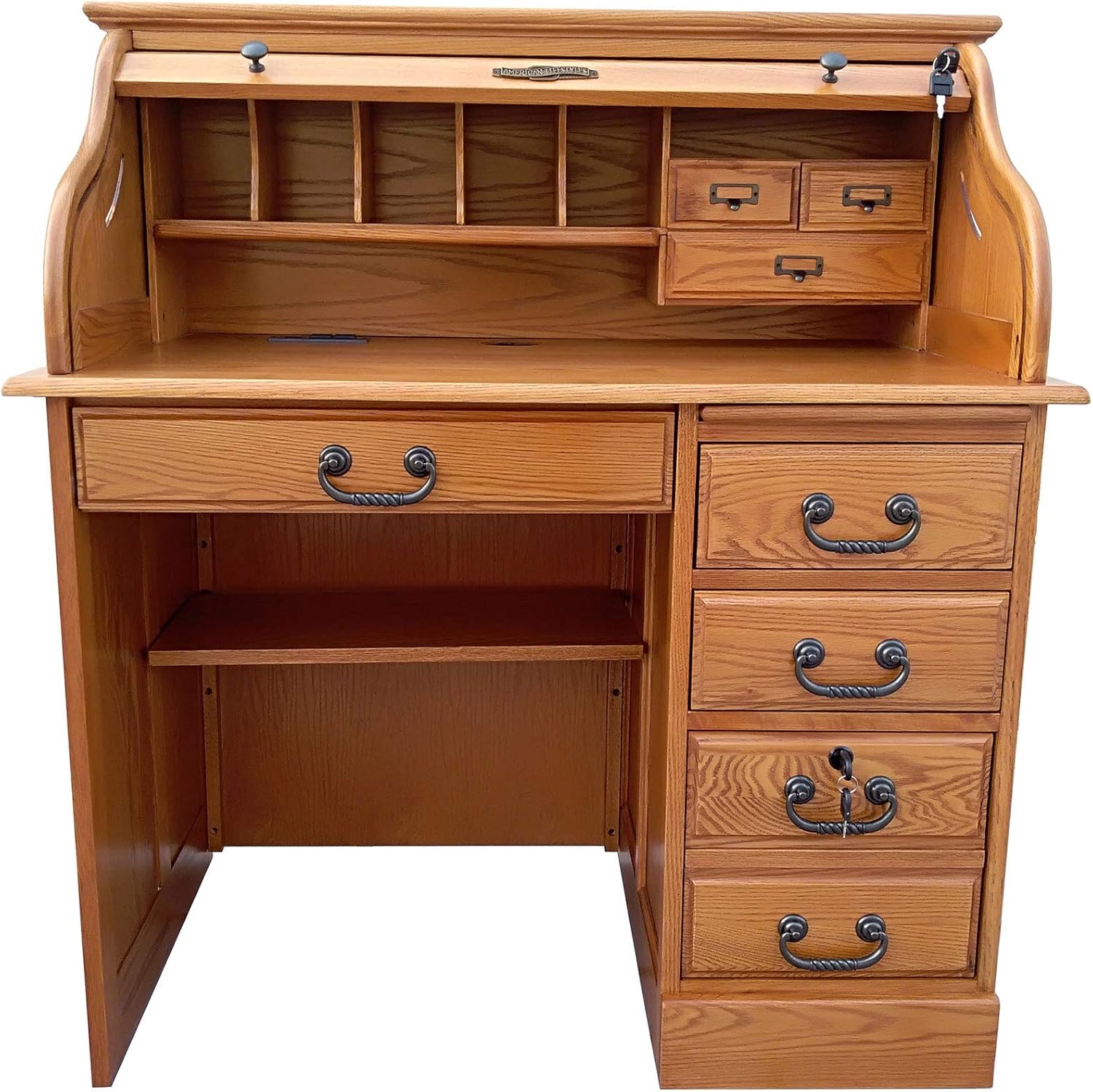 Solid Oak Wood Roll Top Desk with Locking File Drawers F5786