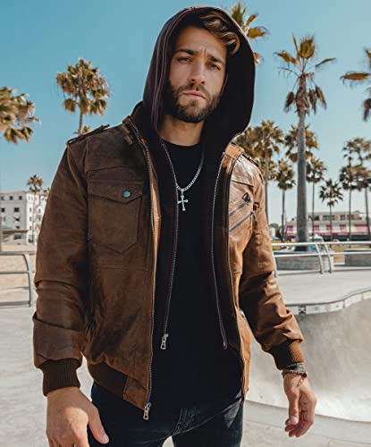 Brown Leather Motorcycle Jacket with Removable Hood G595560