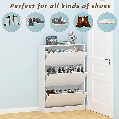 White 3 Flip Drawers Freestanding Shoe Storage Cabinet Z929474