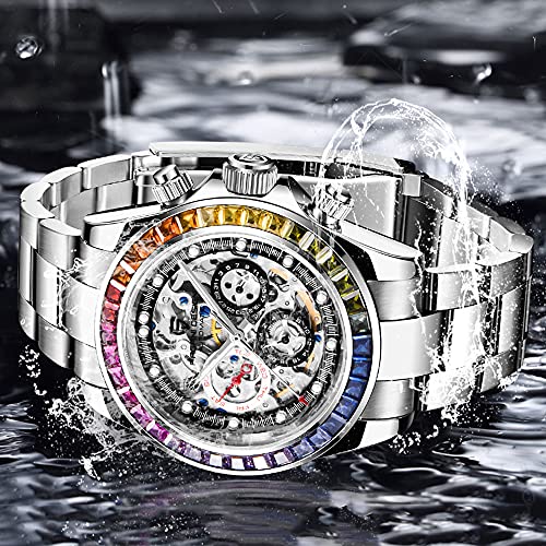 Skeleton Automatic Watch, Diamond Bezel Stainless Steel 100M Waterproof Self Winding Wrist Watch G7528