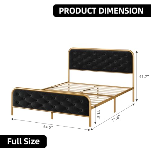Queen Size Velvet Upholstered Bed Frame with Button Tufted Headboard, Gold-Black P3161