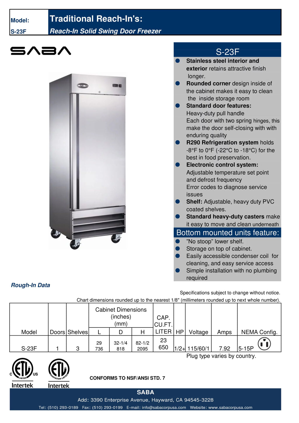 23 cu ft Stainless Steel Solid Door Upright Reach-in Freezer N561