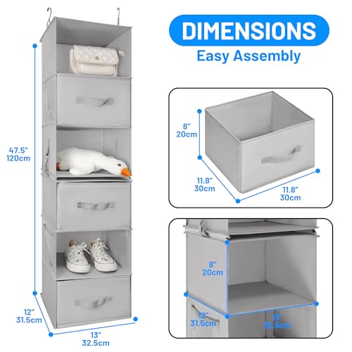 6-Shelf Hanging Closet Organizer with 3 Removable Drawers and 4 Side Pockets, Light Gray D7693