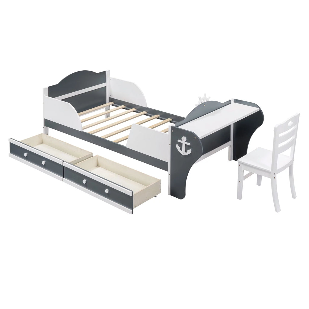 White Gray Twin Size Platform Bed with Two Drawers H973536
