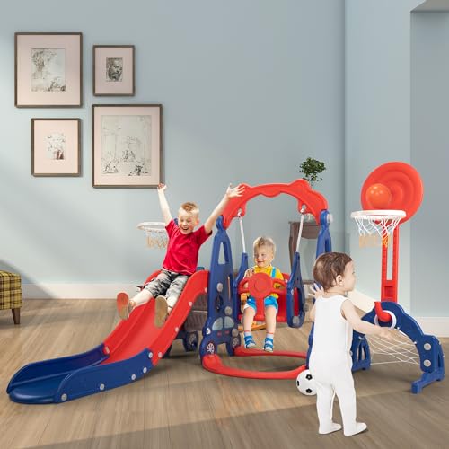 5 in 1 Toddler Slide and Swing Set with Basketball Hoop, Football Gate Q412838