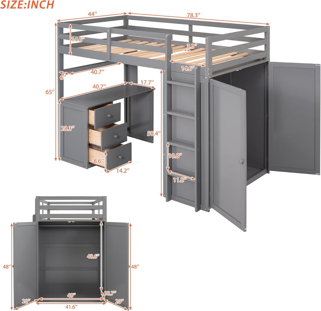 Gray Twin Loft Bed with Desk, 3 Drawers, and Wardrobe I899