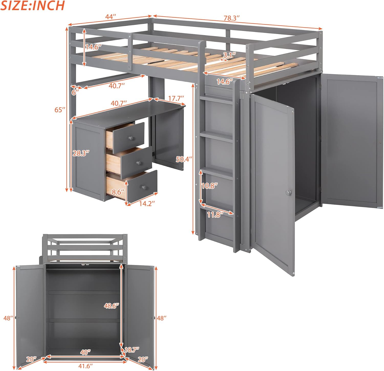 Gray Twin Loft Bed with Desk, 3 Drawers, and Wardrobe I899