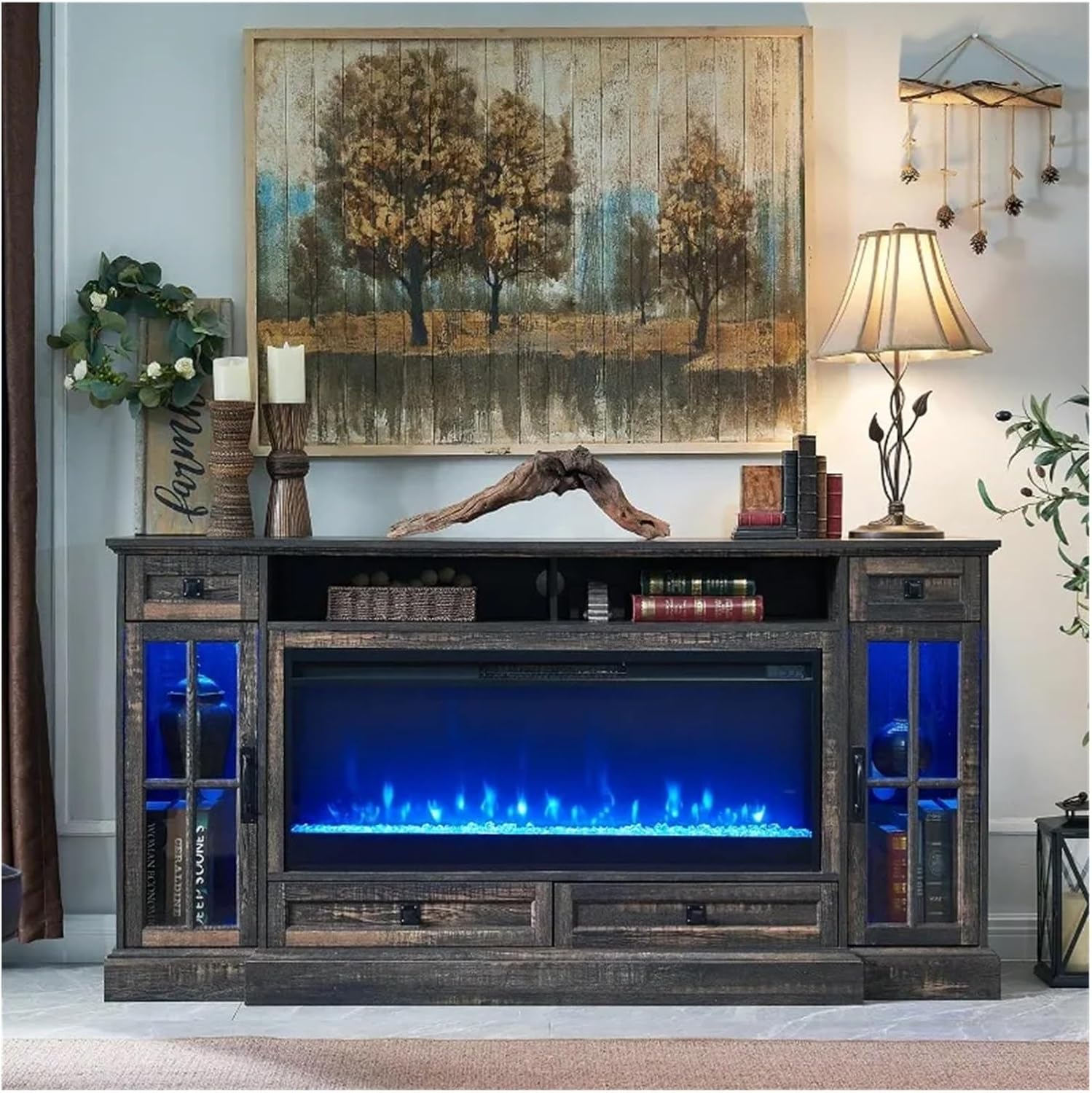 Entertainment center with LED lights and fireplace TV stand D328