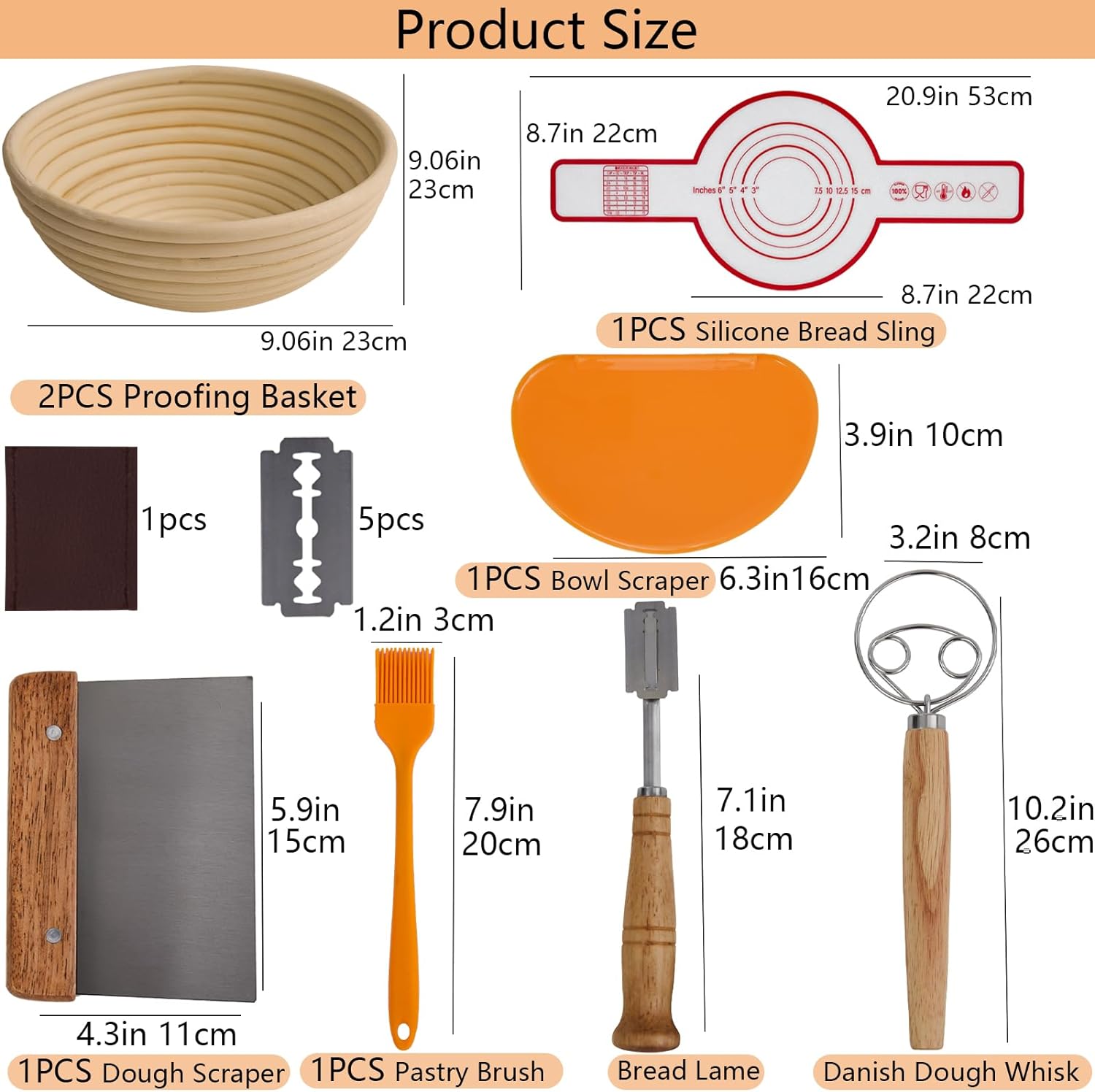 16PCS Bread Proofing Basket Kit with Linen Liner, Dough Scraper, Bread Lame H7568