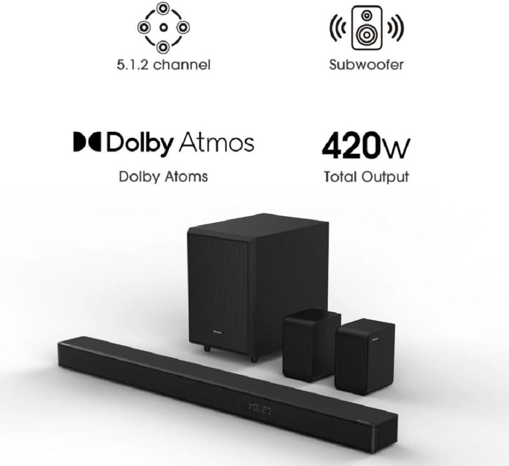 5.1.2 Ch 420W Soundbar with Wireless Subwoofer and Wireless Rear Satellite Speakers, Black A818164