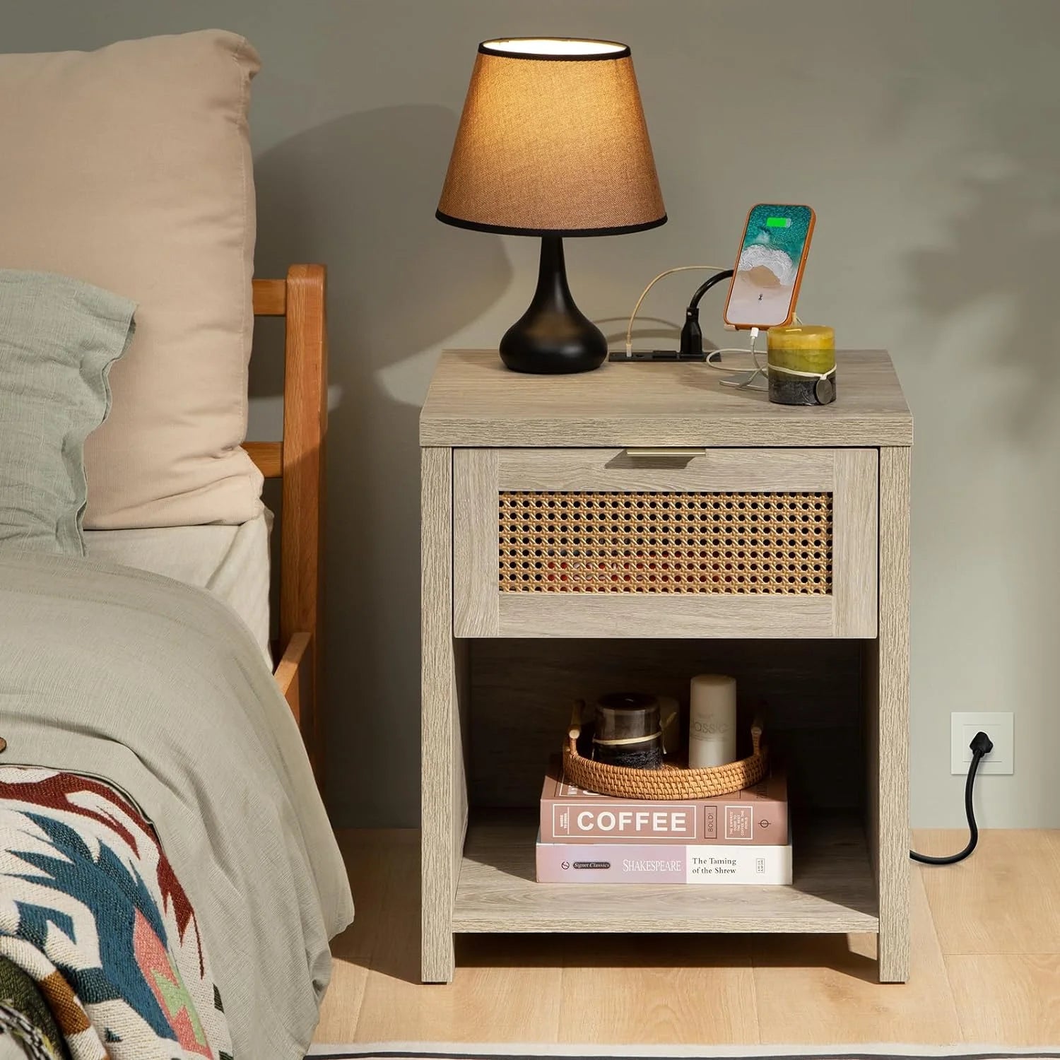 Farmhouse Nightstand with Charging Station Wood Drawer Accent Bedside Table with USB Ports Outlets End Table V5498