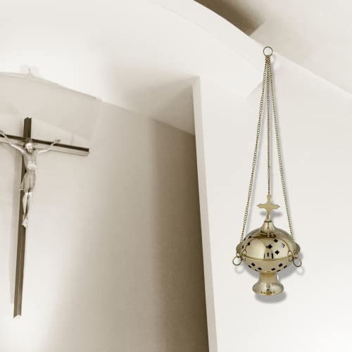 Brass Hanging Censer Incense Burner with Cross, 12 Inch Chain G701692