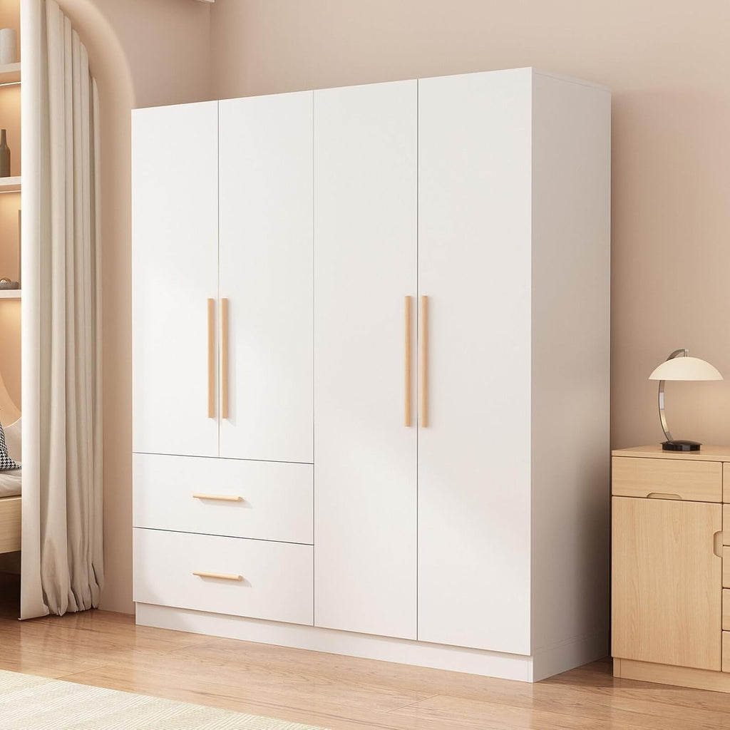White 4-Door 2-Drawer Wood Wardrobe F87861
