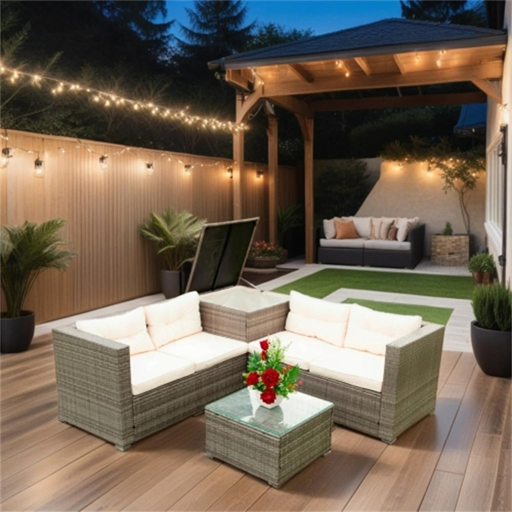 Grey Wicker Rattan Patio Sectional Sofa Set with Storage Box Y181